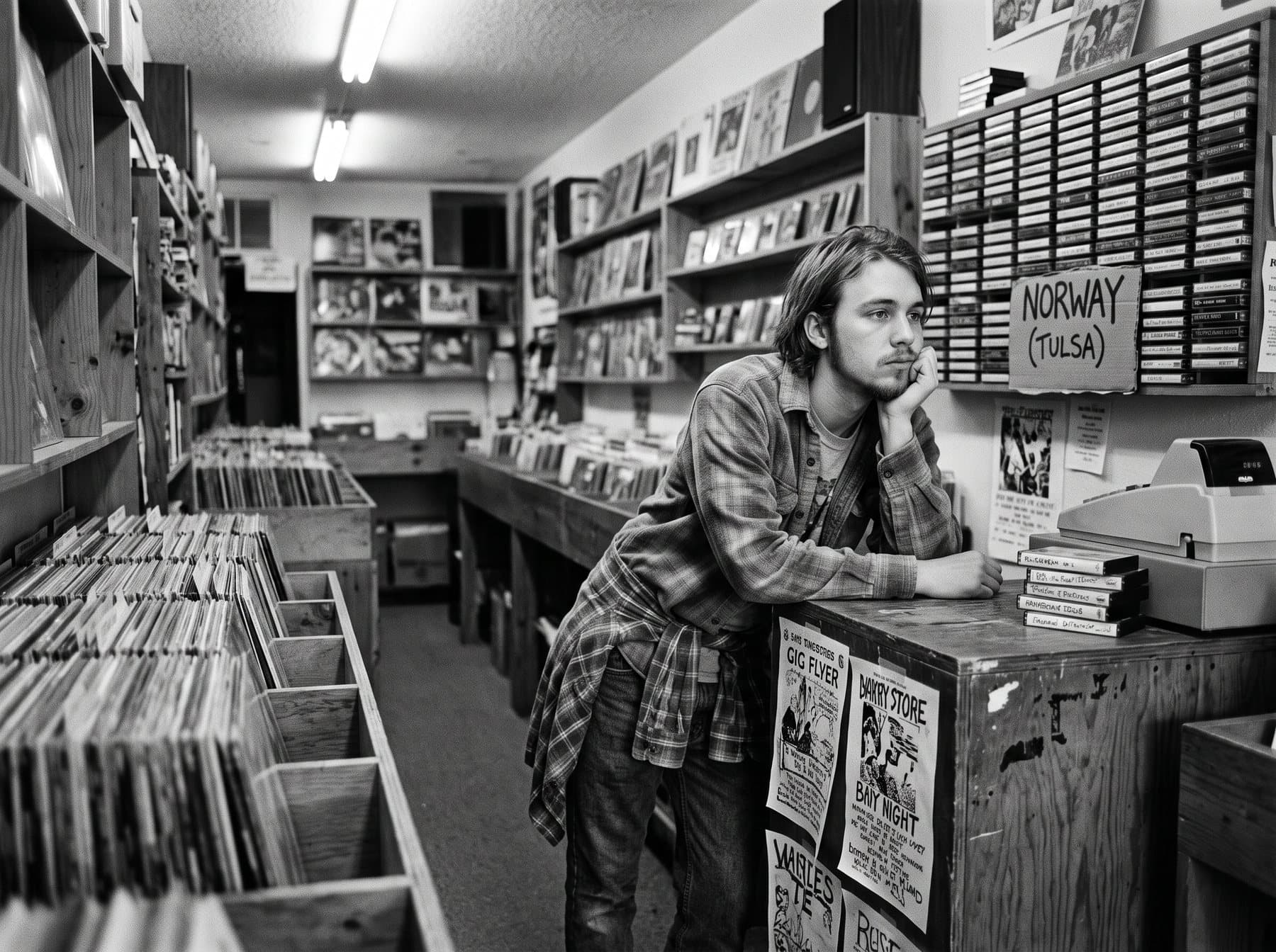A narrow record store aisle with cassette racks and a hand-lettered divider card