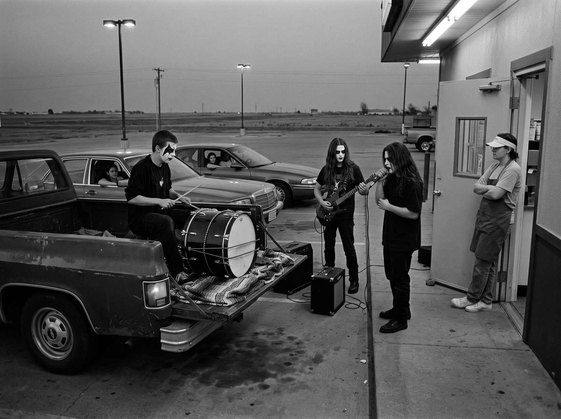 A band in face paint playing from the bed of a pickup truck in a fast-food parking lot at dusk