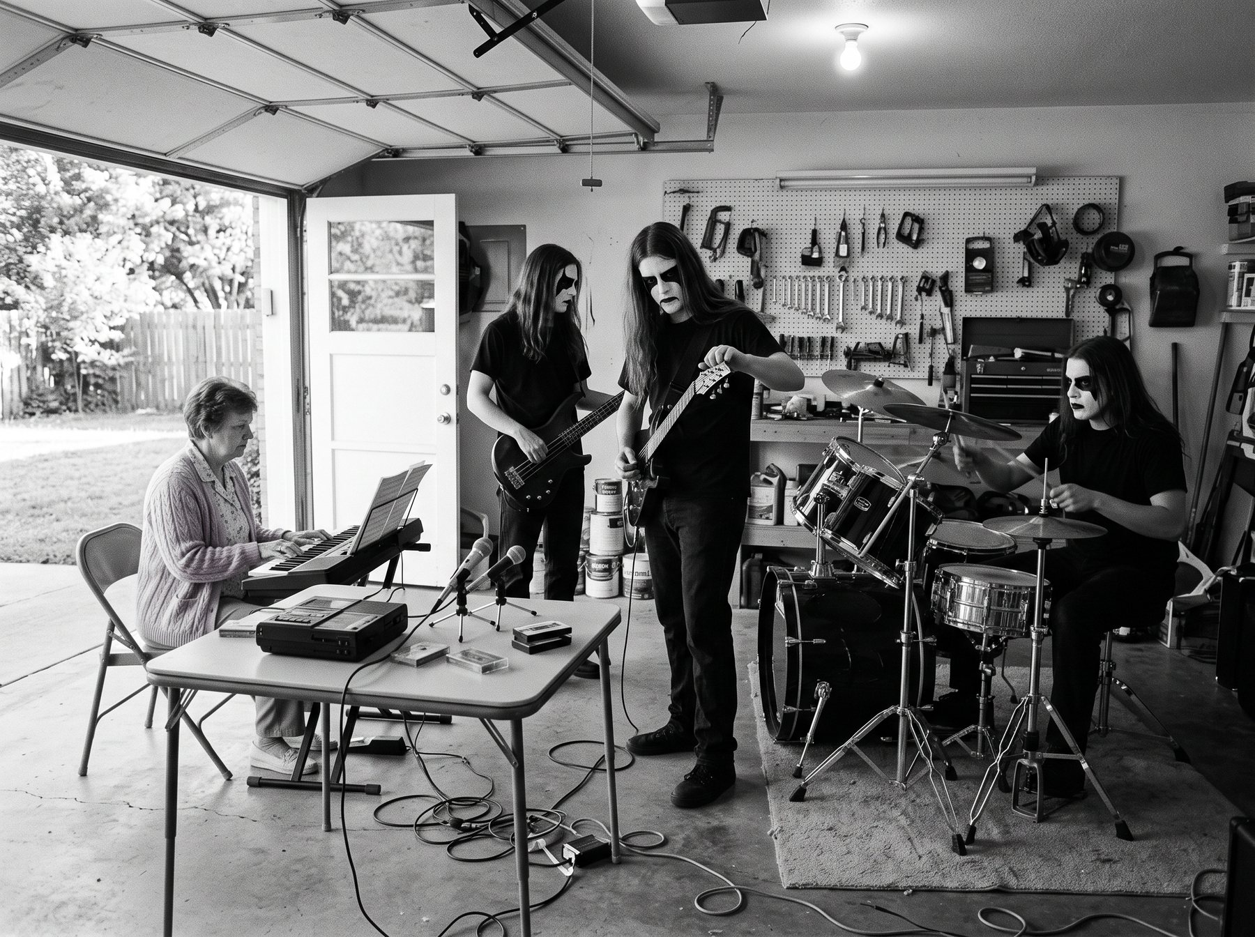 A two-car suburban garage at night with a drum kit, amplifiers and a four-track recorder